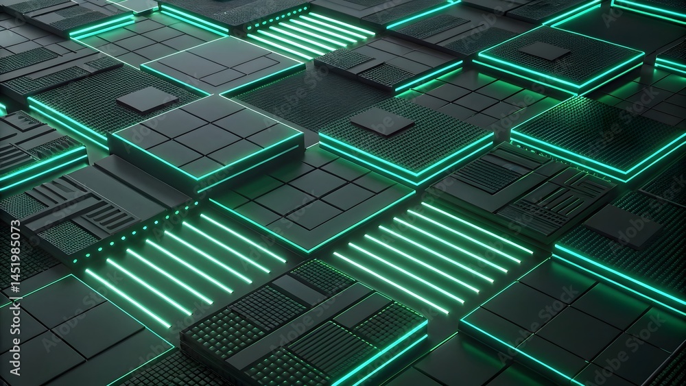 Poster abstract dark background with green neon lights forming a futuristic grid like structure design