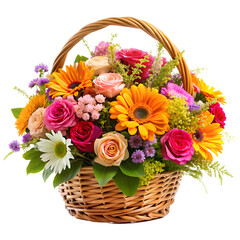 bouquet of flowers in a basket isolated on white background PNG