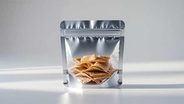 Photorealistic image of a glass food pouch with smooth corners on a white background