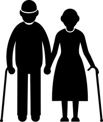 Silhouette of a senior couple. Elderly couple silhouette – senior citizens with walking canes.