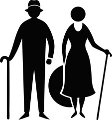 Silhouette of a senior couple. Elderly couple silhouette – senior citizens with walking canes.