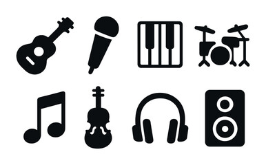 Music and entertainment silhouette icons set – solid, filled, audio and sound symbols