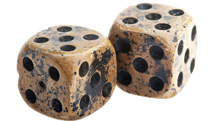 A Lucky Roll of Weathered Dice: Two vintage, ivory-colored dice with worn black spots are positioned closely together against a stark white backdrop, suggesting a moment of chance, games of fortune, o
