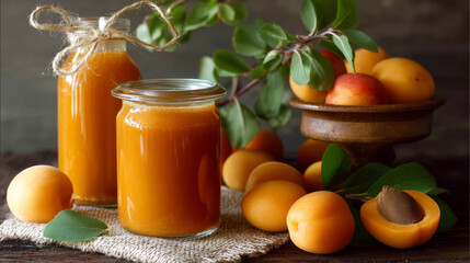 Homemade apricot juice in a jar sits on the table.
