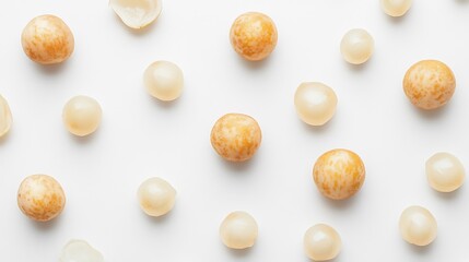 Obraz premium Top down view of peeled whole longan fruits on white background translucent tropical fruit frequently imported to USA for sweet juicy treats and fruit bowls cut out on isolated transparent background