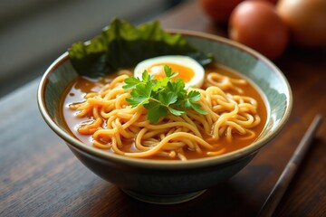 Bowl of ramen noodles, broth, vegetables, egg , soup, ramen