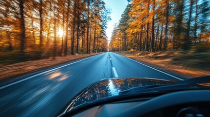 Car driving fast on road through autumn forest at sunset