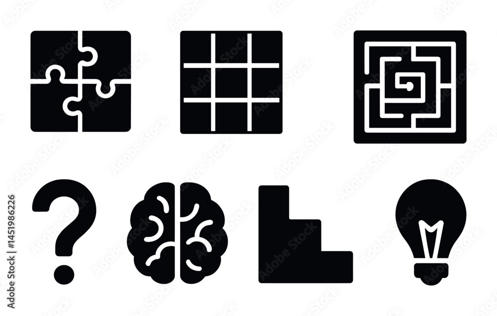 Poster brain game solid icons set – puzzles, maze, mental exercises and strategy symbols