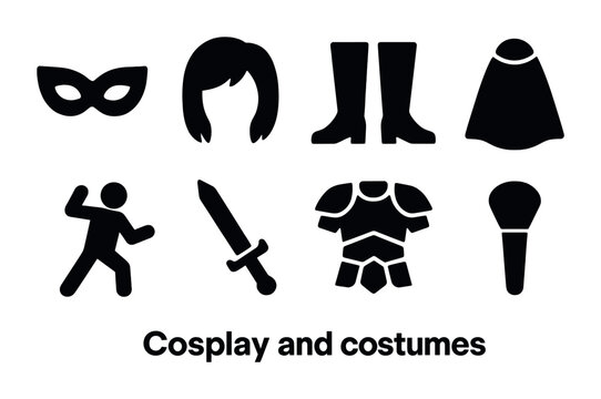 Cosplay and costumes solid icons set &ndash; silhouette, filled, masquerade symbols