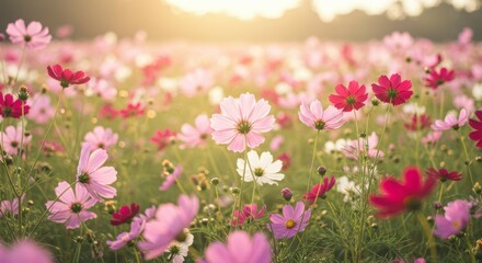 Obraz premium Flowering Meadow with Colorful Flowers at Sunset