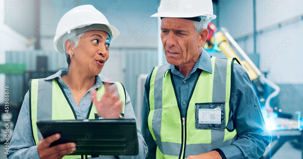 Poster people, robotics and planning in factory, tablet and conversation with machine automation. employees