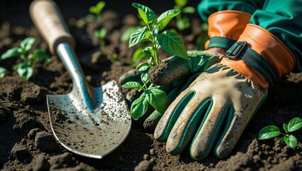 Photorealistic image of a garden gloves hanging on fence