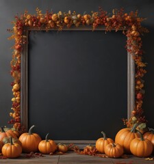 Rustic chalkboard frame overflowing with various sized pumpkins & fall leaves ,  orange,  decoration