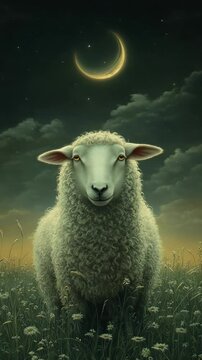 White sheep standing in moonlit field under starry sky