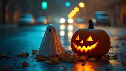 Spooky Halloween Night Scene: Ghost and Jack-o'-lantern on Wet Street