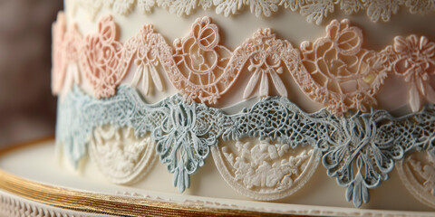 Obraz premium Delicate edible lace decorations for cake, made from sugar or fondant, intricate patterns like floral and vintage lace, white and pastel colors, placed gently on a beautifully decorated cake