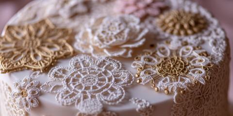 Obraz premium Delicate edible lace decorations for cake, made from sugar or fondant, intricate patterns like floral and vintage lace, white and pastel colors, placed gently on a beautifully decorated cake