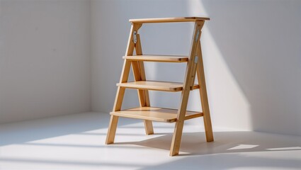 Photorealistic image of a folding step ladder with non-slip feet and lightweight design on a white background
