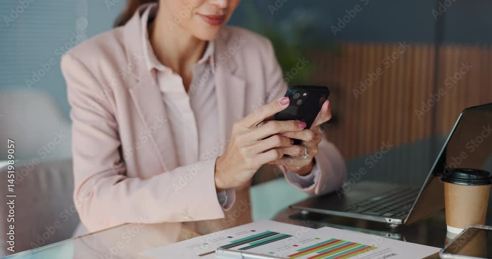 Leinwandbilder Typing, hands and phone with business woman in office for networking, client portfolio and company analyst. Communication app, mobile and report with employee scroll in agency for account manager