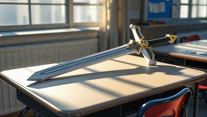 Photorealistic image of a foam sword on a glossy white tabletop