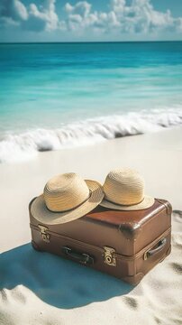hat on the beach, waves and sunny day