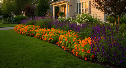 Vibrant Floral Display Adorning the Front Yard of a Suburban Home