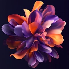 Abstract 3D rendering of floral explosion effect with petals fading from dark purple to bright orange smooth texture surreal composition suitable for luxury brands, high-end design and art backgrounds