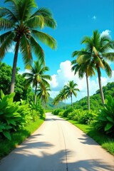 Fototapeta premium Serene Palm-Lined Roadway Through Lush Tropical Foliage Under a Bright Sunny Sky