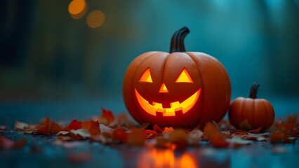 Enchanted Halloween Jack o Lantern Pumpkins on Autumn Leaves