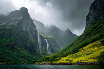 Towering cliffs and waterfalls in the green fjords of Norway under a dramatic cloudy sky