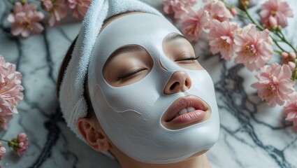 Photorealistic image of a face covered with sheet mask next to natural plants