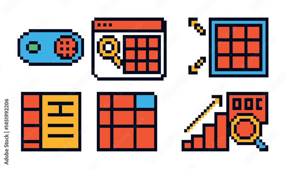 Poster data management pixel art icons set – flat, filled, analytics and database symbols