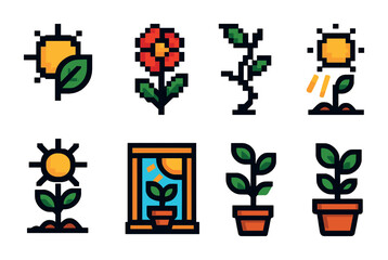 Fototapeta premium Gardening and nature pixel art icons set – vivid, detailed, plant and garden graphics