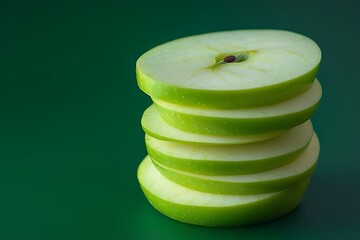 Sliced green apple stack displays seed detail against a dark green background perfectly