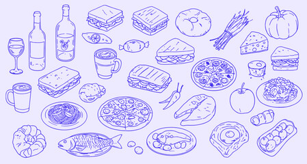 A hand-drawn blue outline food illustration featuring a variety of dishes and beverages including pizza, pasta, seafood, desserts, fruits, and drinks—ideal for culinary art,  italian food