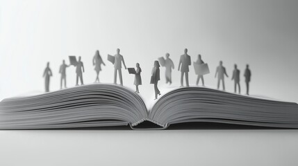 Minimal story characters printed on open page, soft shadows and balanced layout, top-down studio light