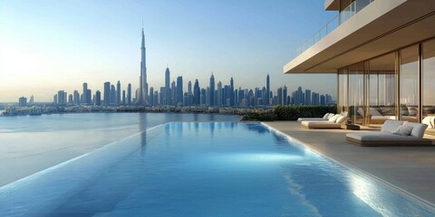 Obraz premium Elegant swimming pool designed for cityscape enjoyment.