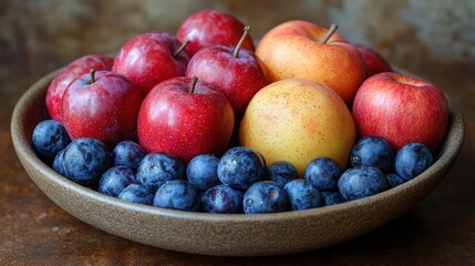 A vibrant bowl filled with fresh red and yellow apples alongside ripe blueberries on a rustic table