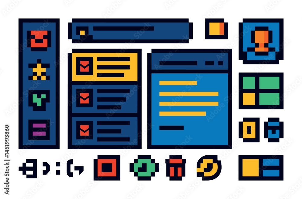 Poster ui and web design pixel art icons set – colorful, digital, interface symbols