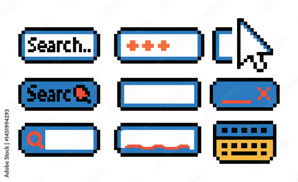 Poster web navigation pixel art icons set – search, interface, digital design symbols