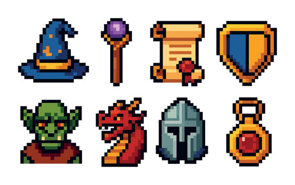 Fototapeta Fantasy adventure pixel art icons set – role-playing, medieval, game symbols