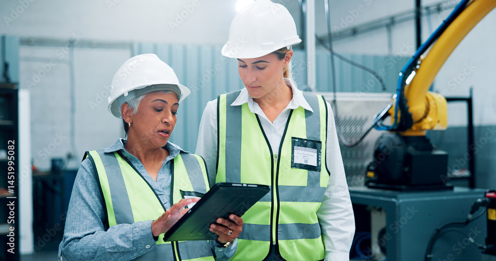 Poster women, robotics and meeting in lab, tablet and conversation with software update. employees, enginee