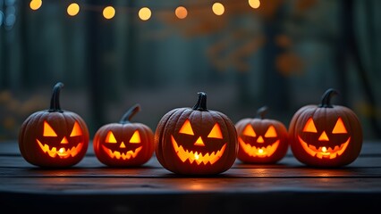 Fototapeta premium Spooky Halloween Jack-o'-lanterns on Wooden Table