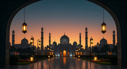 Naklejka premium Grandeur of Islamic architecture illuminated at dusk for Eid festivities