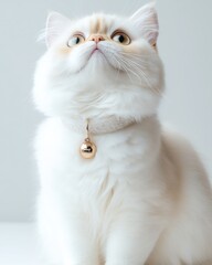 Fototapeta premium Elegant white cat with golden collar gazes upward in bright indoor setting