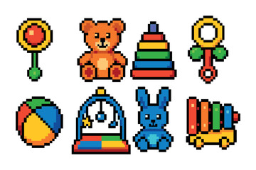 Kids toys pixel art icons set – gaming, playful, vibrant style illustrations