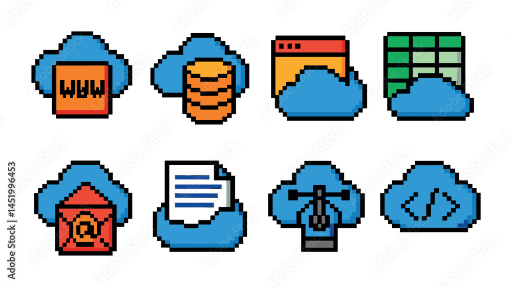 Poster cloud computing pixel art icons set – digital, technology, data storage visuals
