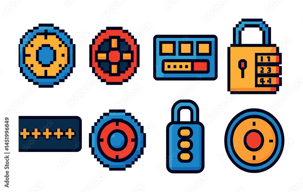 Poster cybersecurity pixel art icons set – hacking, data protection, digital security symbols