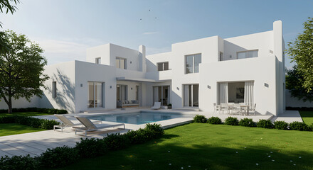 Fototapeta premium Modern Villa With Poolside Garden And Lawn For Real Estate Concepts