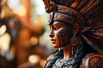 An intricately designed Aztec female sculpture, featuring a detailed turban and elaborate armor on her head, showcasing traditional artistry and cultural symbolism.